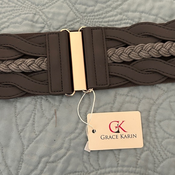 Pewter Gray Weave Gold Clasp Women’s Elastic Wide Belt M New With Tags Medium - Picture 2 of 8